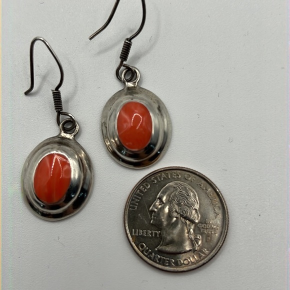 PINK CORAL AND MEXICAN STERLING SILVER DANGLE EARRINGS 1” TALL - Picture 8 of 8